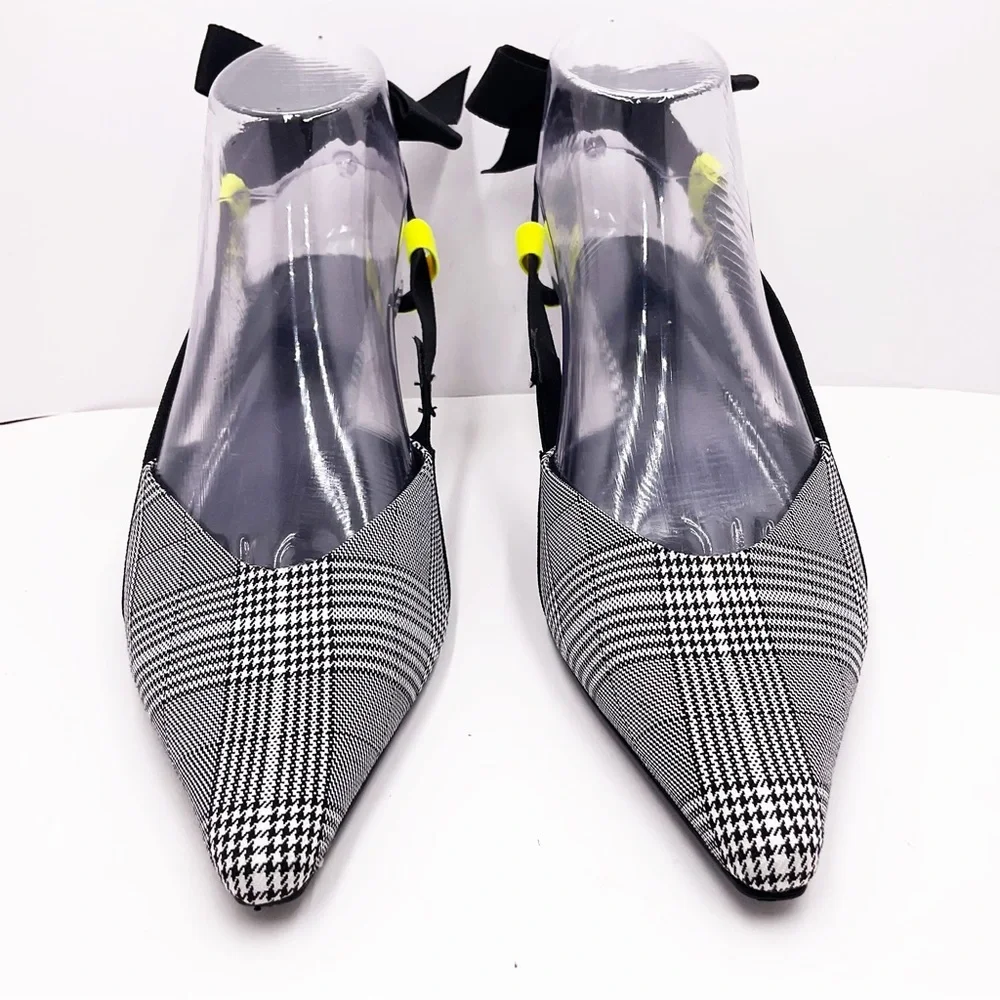 {Zara} Gray Plaid Slingback Bow Kitten Heels - Picture 6 of 16
